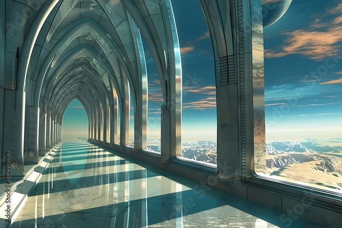 Retrofuturistic metropolis with arched windows, under a vast blue sky.