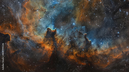 Panoramic view of towering dust pillars set against a glittering star field in deep space