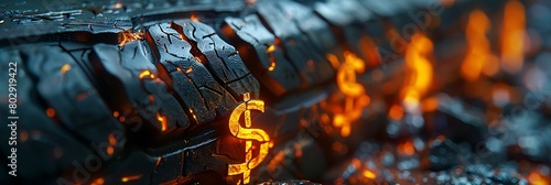 A close-up of a tire tread with a dollar sign etched into it