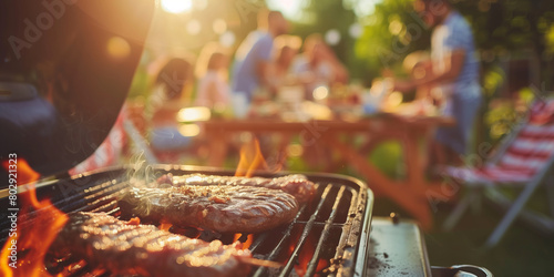 Group of cheerful young friends having a backyard barbecue party, grilling meat, drinking beer and relaxing on a sunny summer day outdoors.