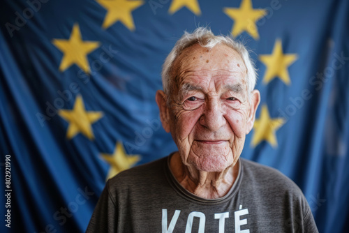 A portrait of an older European election voter portrait in front of the European Union flag