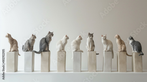 row of cats sitting on white plinths