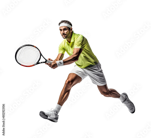 Tennis player in a white outfit, ready to return a serve with intense concentration, isolated on transparent. Generative AI