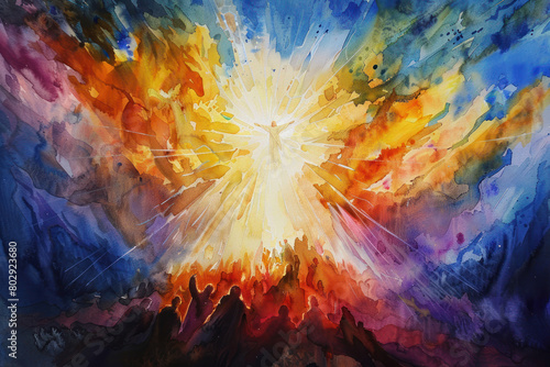 "Ascension of Jesus in watercolor", the Ascension of Christ, the ascension of Jesus into heaven, a festival celebrated by Christians.