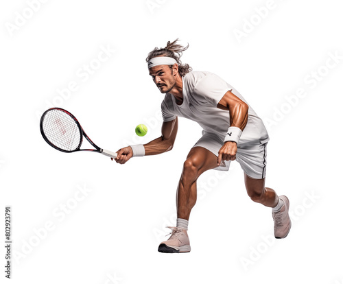 Tennis player in a white outfit, ready to return a serve with intense concentration, isolated on transparent. Generative AI