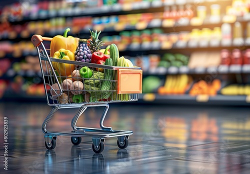 Grocery shopping concept: A filled shopping cart with food and drinks, set against supermarket shelves