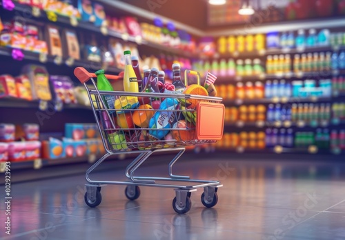 Grocery shopping concept: A filled shopping cart with food and drinks, set against supermarket shelves