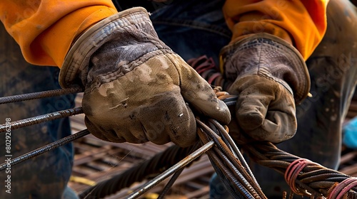 Construction workerâ€™s hands tying rebar, close-up, clear morning light, high detail 