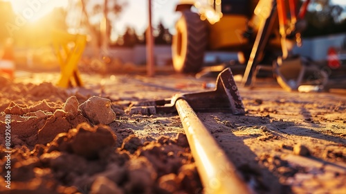 Detailed view of construction tools on site, golden hour light, sharp focus, ground level angle 