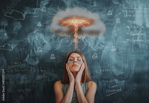 Young woman's head explodes over blackboard, representing a troubled mental state. Nervous person with crossed hands and nuclear mushroom sketch symbolizing business failure