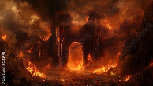 The imposing gates of hell open, with Charon, the ferryman of the dead, silhouetted against the fiery backdrop, ready to guide souls across the Styx
