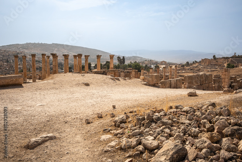 Archeological Site with Ancient Columns in Jerash. Outdoor Scene of Gerasa in Jordan in the Middle East.