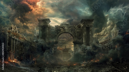 The gates of hell loom large, with Charon in his dark robes, awaiting to transport tormented souls across the Styx, the scene set under a gloomy, cloud-covered sky