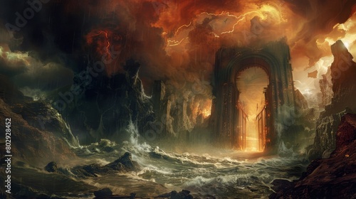 The gates of hell, as imagined in Christian texts, menacingly open in a dark, stormy setting, serving as the threshold to punishment for sins