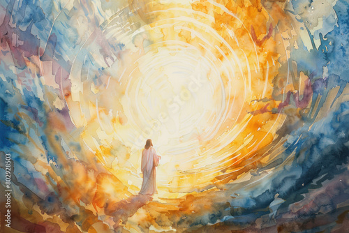Ascension of Jesus in watercolor, the Ascension of Christ, the ascension of Jesus into heaven, a festival celebrated by Christians.
