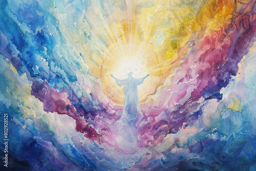 Ascension Watercolor Painting of Jesus., the Ascension of Christ, the ascension of Jesus into heaven, a festival celebrated by Christians.