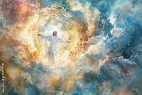 Jesus Ascension Watercolor Painting, the Ascension of Christ, the ascension of Jesus into heaven, a festival celebrated by Christians.