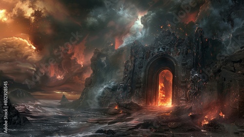 The gates of hell, as imagined in Christian texts, menacingly open in a dark, stormy setting, serving as the threshold to punishment for sins