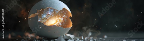 Cosmic Potential An eggshell breaks to reveal a galaxy inside, emphasizing the extraordinary waiting to be discovered in common things, detailed closeup with space
