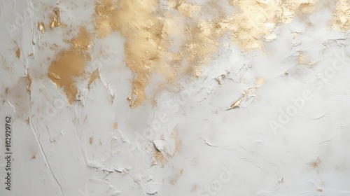 Art acrylic smear blot painting wall. White and golden abstract messy wall stucco texture background. Yellow lined decorative wall paint. White, gray and gold color canvas texture.