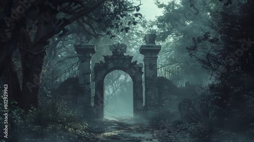 Shadowy gates standing at the intersection of a dungeon and hell, surrounded by the haunting quiet of a dense forest, evoking a sense of dread