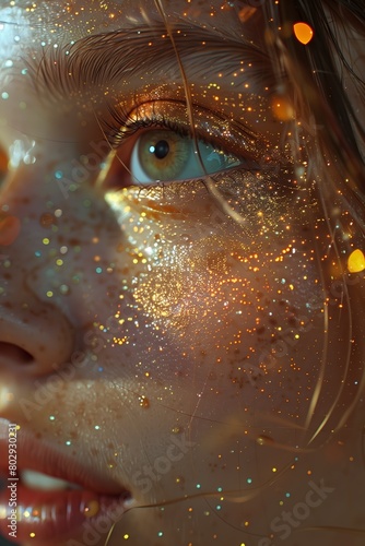 Macro photography capturing the sparkle of glitter on a woman's eyelashes and facial skin, creating a mesmerizing art piece with a closeup focus on the eye and facial features