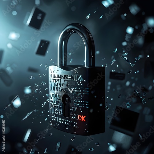 broken digital padlock shattered on a reflective dark surface strewn with traces of broken code