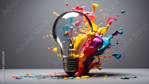 Against a gloomy background, an innovative lightbulb erupts into vivid paint and splatters. Think of novel and creative ideas.