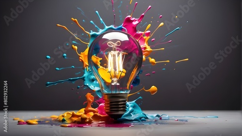 Against a gloomy background, an innovative lightbulb erupts into vivid paint and splatters. Think of novel and creative ideas.