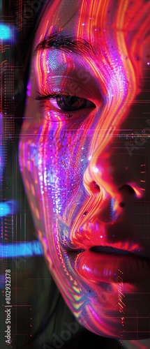 Closeup of a woman's face with neon lights projecting purple and electric blue colors on her features like lips, eyelashes, and jaw, creating a mesmerizing piece of art in magenta hues