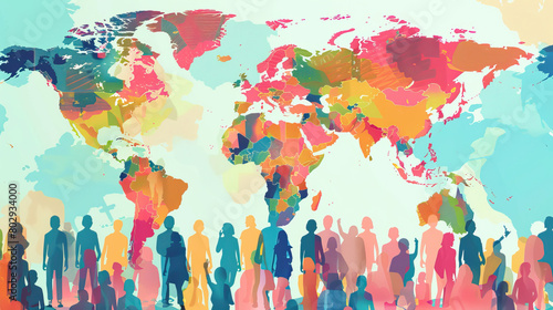 Colorful silhouettes people representing a diverse global population on a world map, for World Population Day, banner
