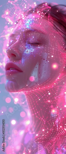 A closeup of a futuristic human body's head with liquid pink and purple lights, creating an entertaining and mesmerizing effect