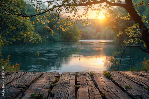 A wooden dock overlooking a peaceful lake at sunset.