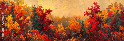 A mosaic of vibrant autumnal foliage blankets the landscape, ablaze with hues of ruby red, pumpkin orange, and golden yellow,