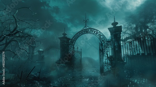 Fantasy game-inspired gates leading to hell, crafted from dark, twisted metal and surrounded by eerie mist, a key element in epic role-playing games