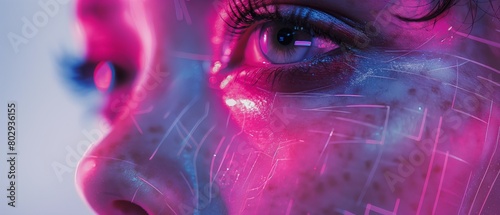 A closeup art piece of a womans face with vibrant purple and blue background. Her deep blue eyes complement the magenta hues, adding an electric blue touch to her skin