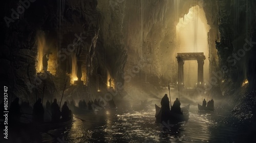 A chilling scene at the gates of dungeons, guarded by Charon, the mythological ferryman, as souls prepare to cross the dark, misty river Styx into hell
