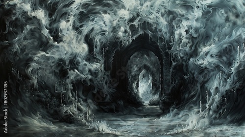 Artistic interpretation of the gates to hell from Dante's Divine Comedy, capturing the despair with smoke swirling around the cursed inscription
