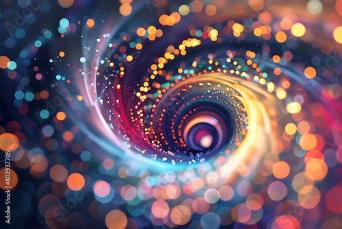 Swirling vortex of multicolored light particles.