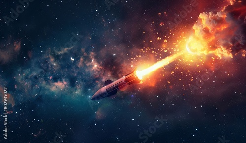 Thrilling space rocket launch with fiery exhaust in starry cosmos