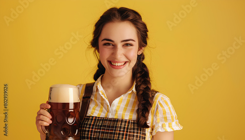 Beautiful Octoberfest waitress with beer and barrel on yellow background