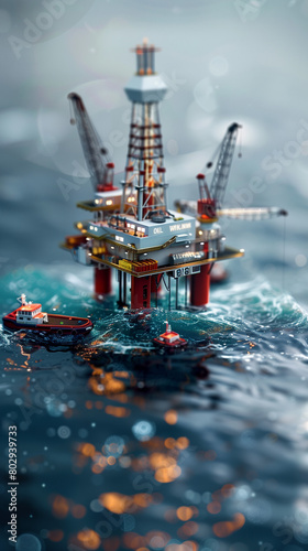 miniature oil rig in the sea, created with generative AI technology