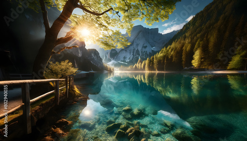 Radiant Dawn at Alpine Lake - Sun-kissed Clarity in a Quiet Mountain Setting with Stunning Water Reflections