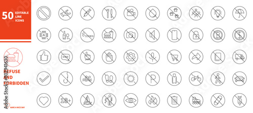 Forbidden and refuse icon set. Editable thin line stroke sketch icon.