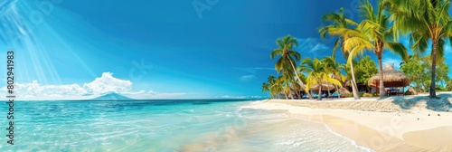 Beach Resort Paradise. A Wide Panorama of Tropical Vacation with Coco Palms, White Sand, and Turquoise Seas