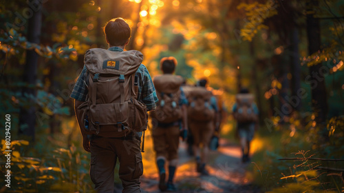 group of boy scouts Walking Down Forest Path