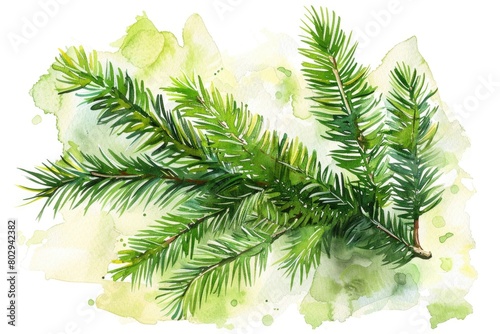 Realistic watercolor illustration of a pine tree branch. Suitable for nature-themed designs