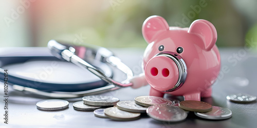 Image of a piggy bank and stethoscope, illustrating the concept of financial stability and savings