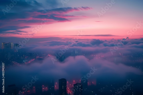 The soft diffusion of fog over a cityscape at dawn