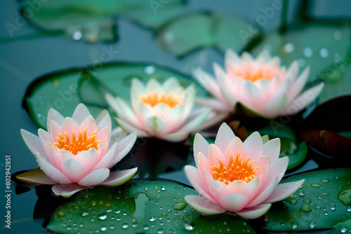 A vivid pink Water Lily or Lotus Flower showcasing its petals and striking yellow stamens against green leaves